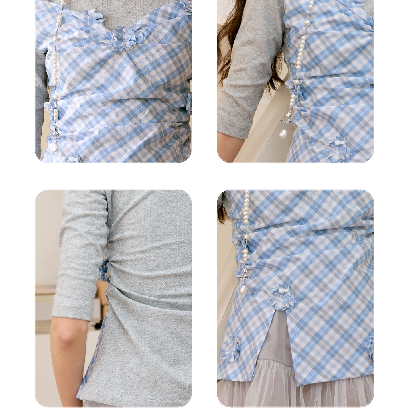 Embellished Plaid Top With Flowers & Sequins