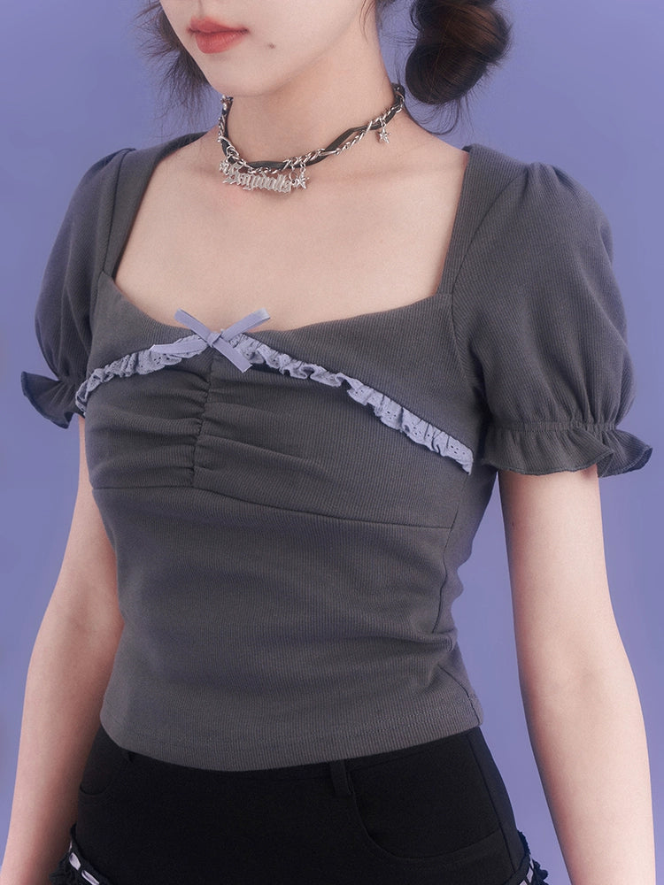 Square Neck Puff Sleeve Ruched Top With Lace Trim