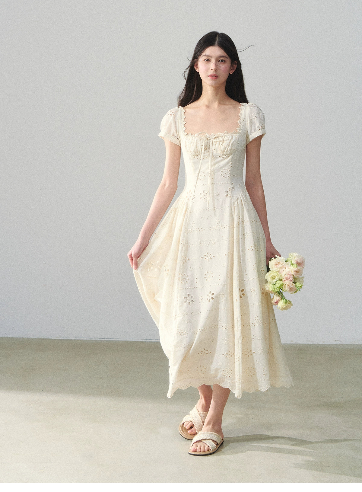 Embroidered Cotton Corset Dress With Square Neck
