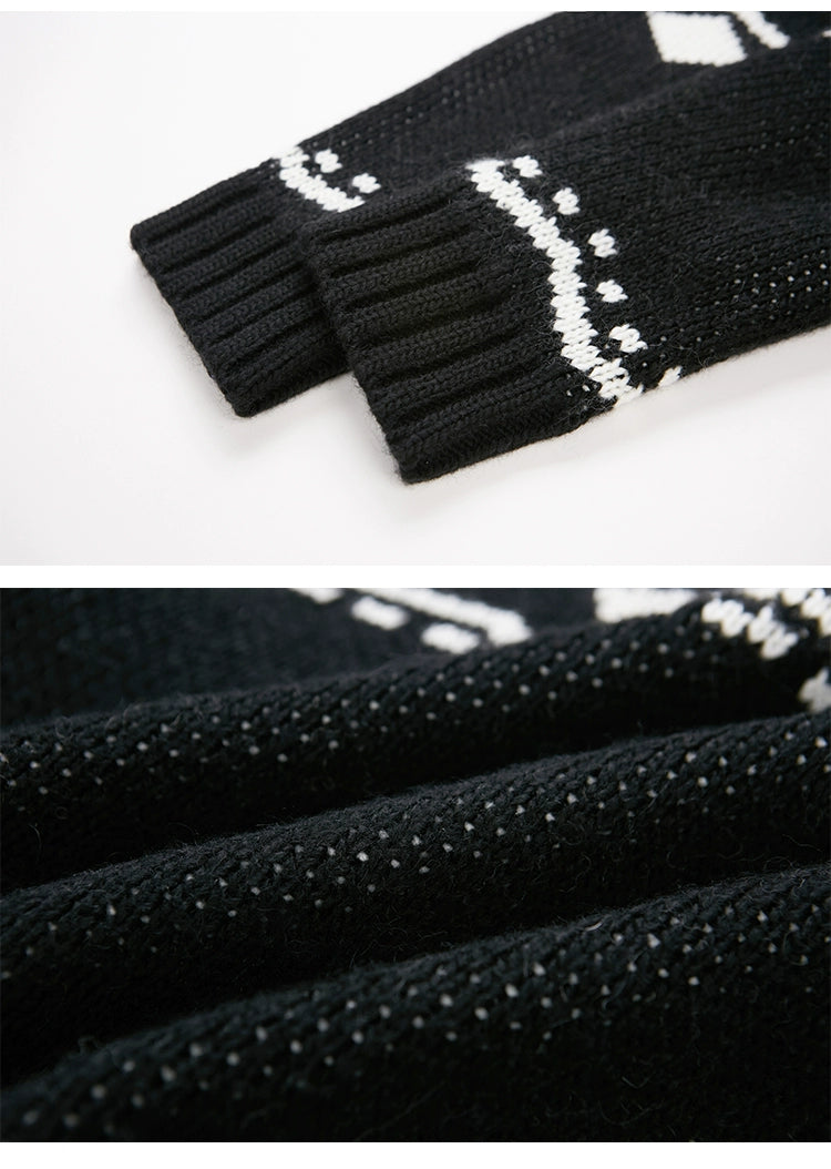 Jacquard Penguin Knit Hoodie With Removable Fur