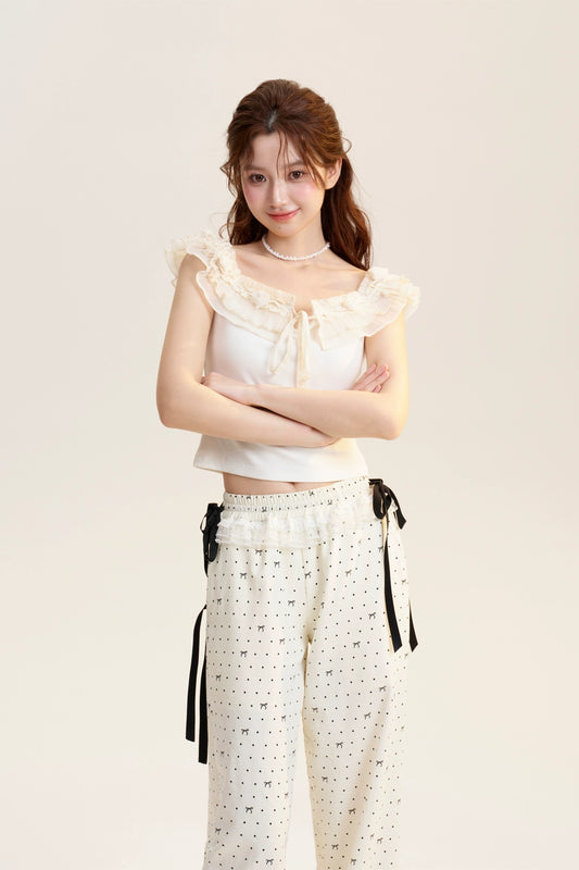 Off-Shoulder Ribbed Top With Lace Detail