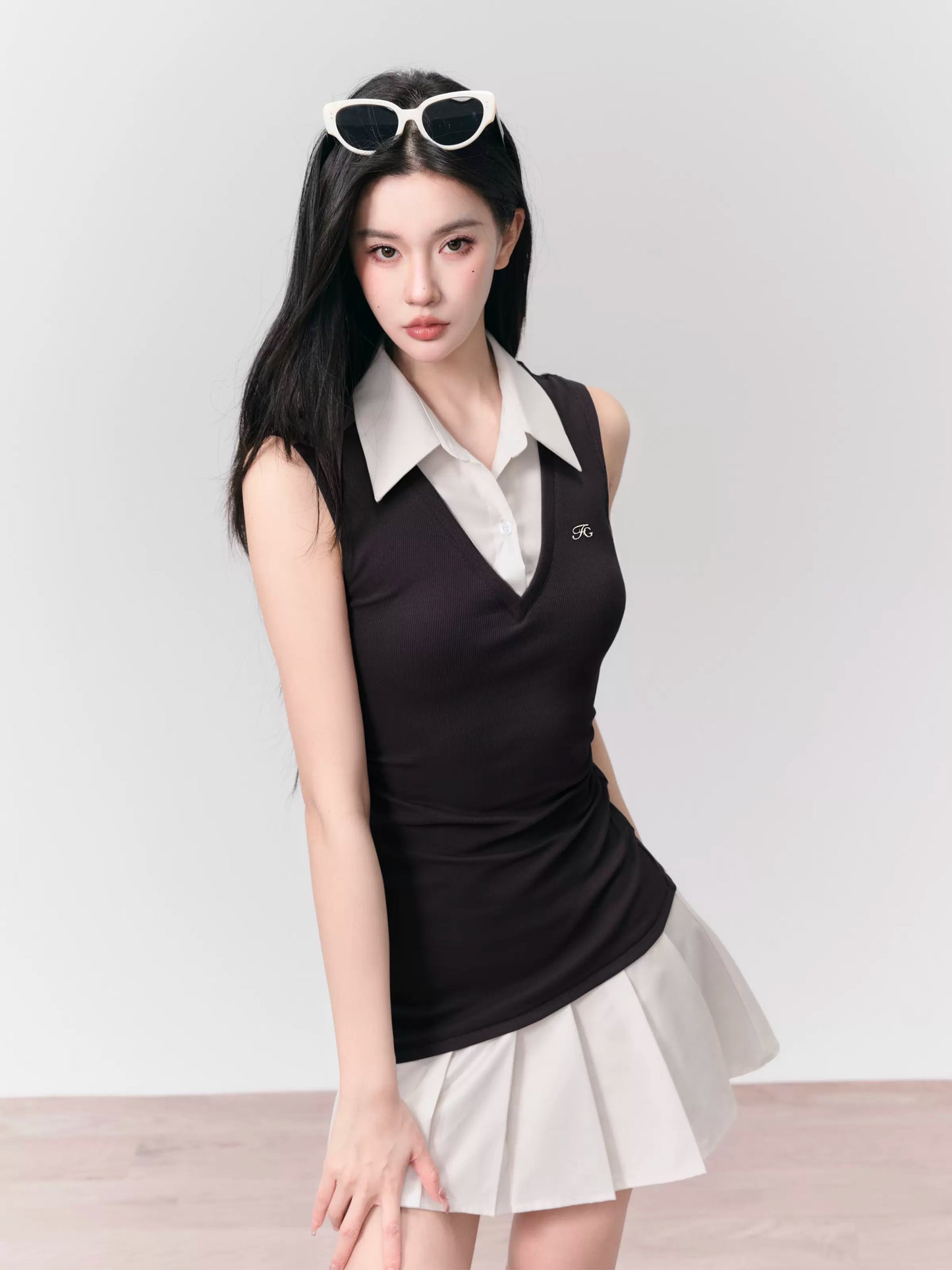 Vest And Shirt Contrast Faux Two-Piece Mini Pleated Dress