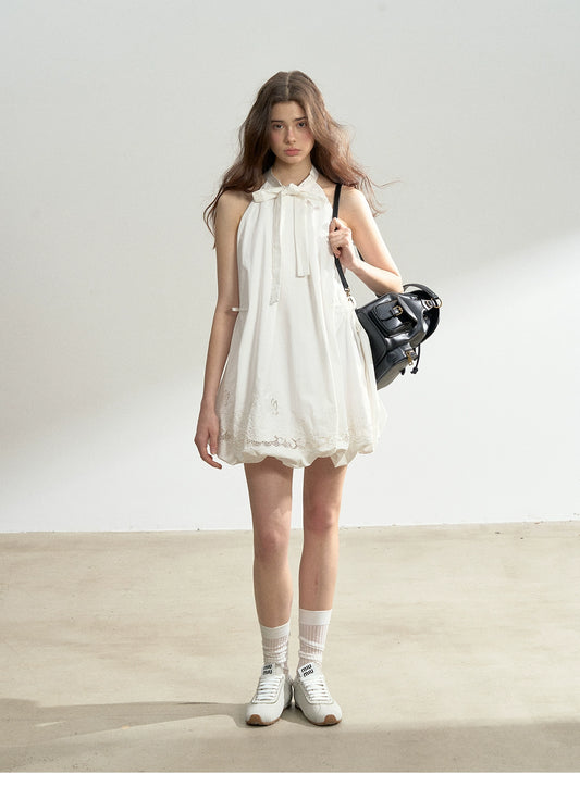 Embroidered Tie Neck Bubble Mini Dress