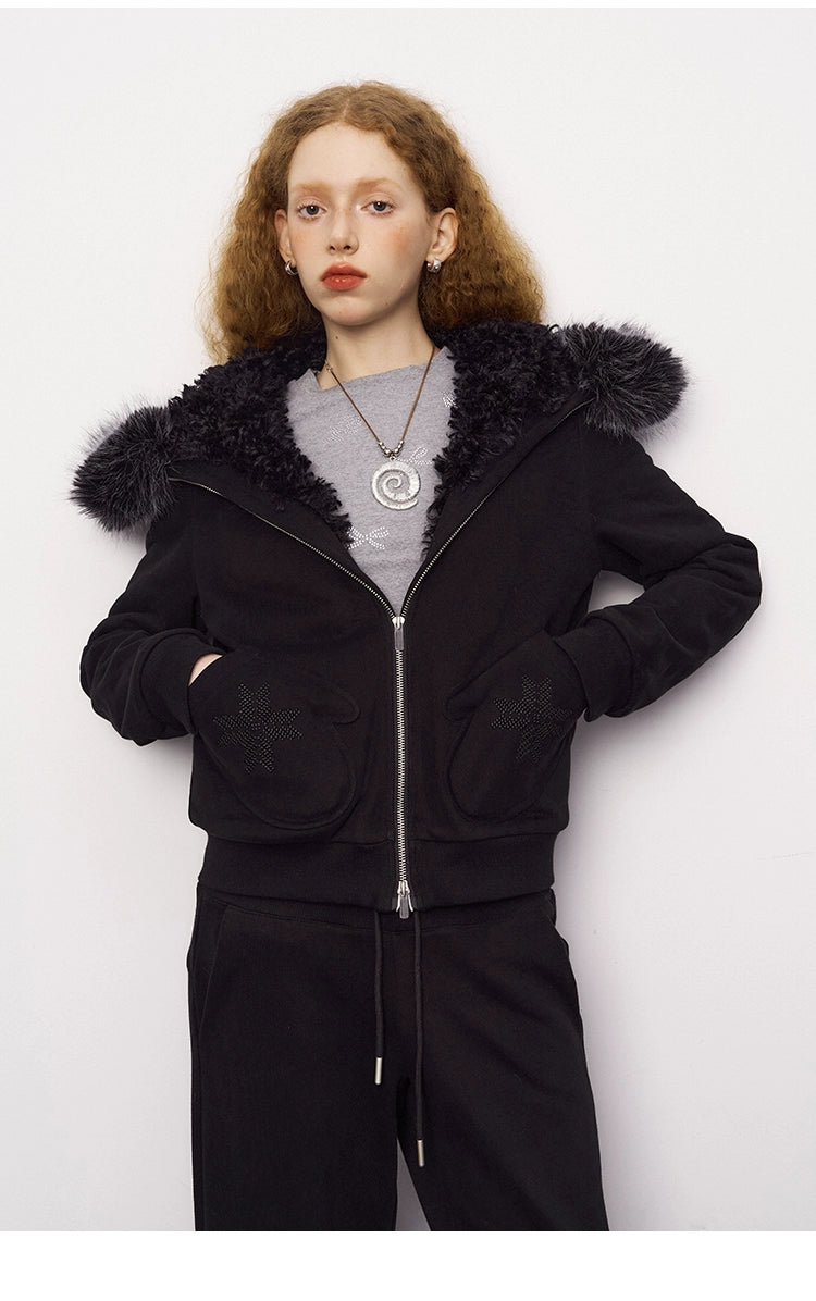 Mitten Pocket Hoodie With Removable Fur / Flared Pants