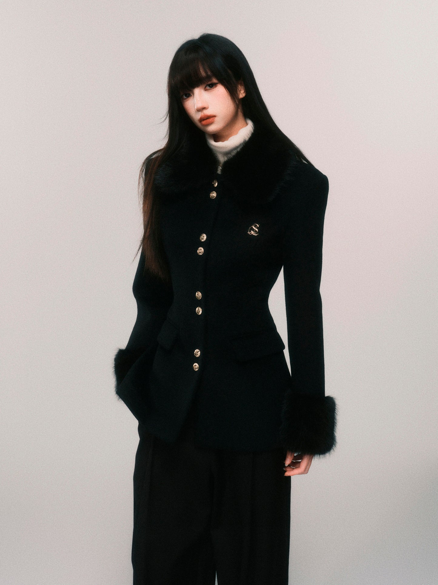 Fur Trim Wool Blend Fitted Short Jacket