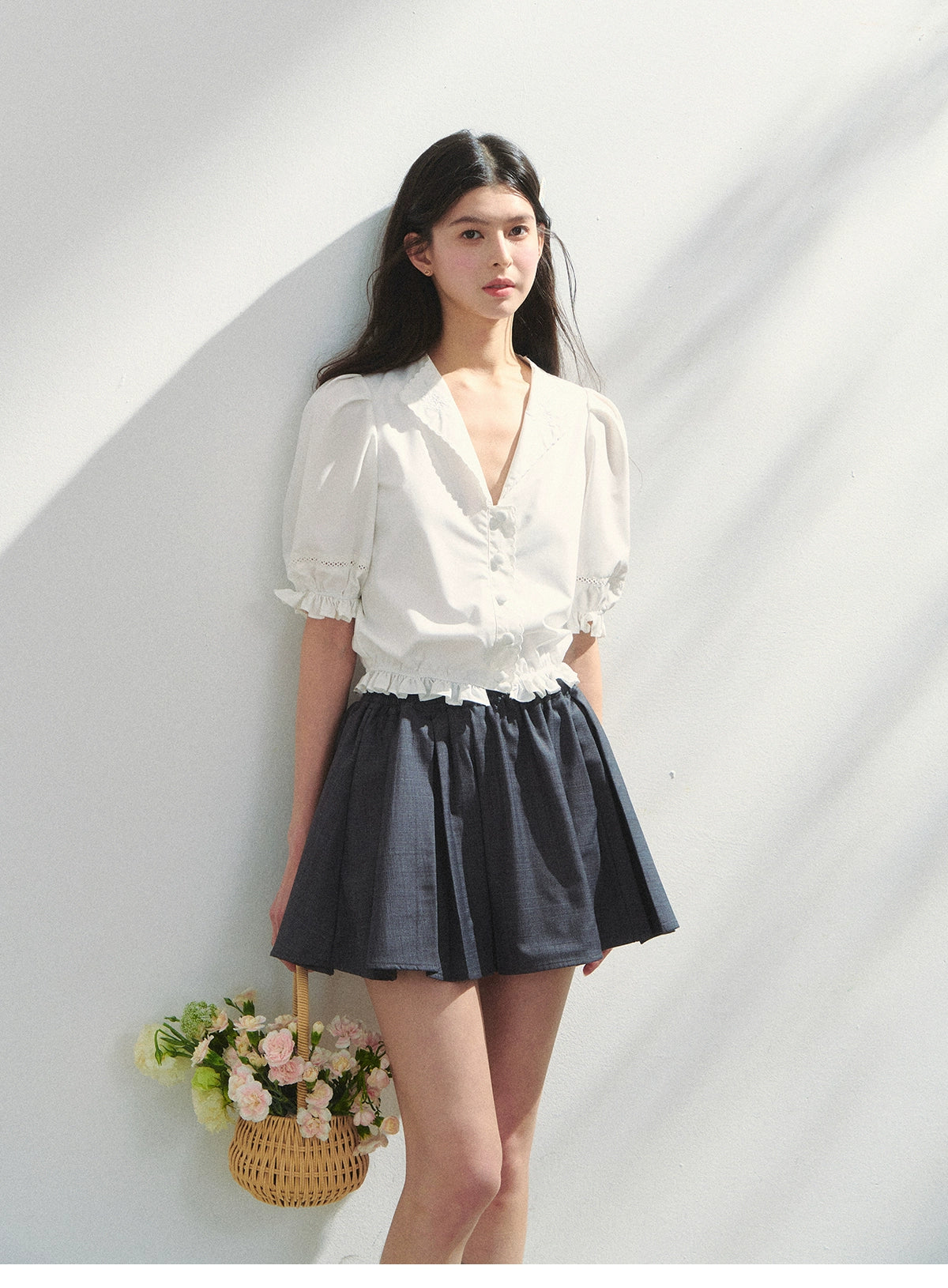 Embroidered V-Neck Blouse With Elbow-Length Sleeves