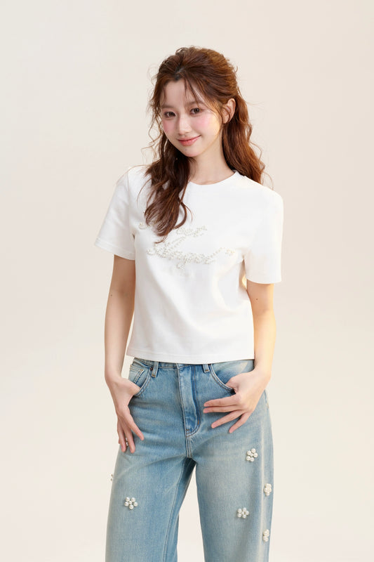 Pearl Beaded Lettering T-Shirt