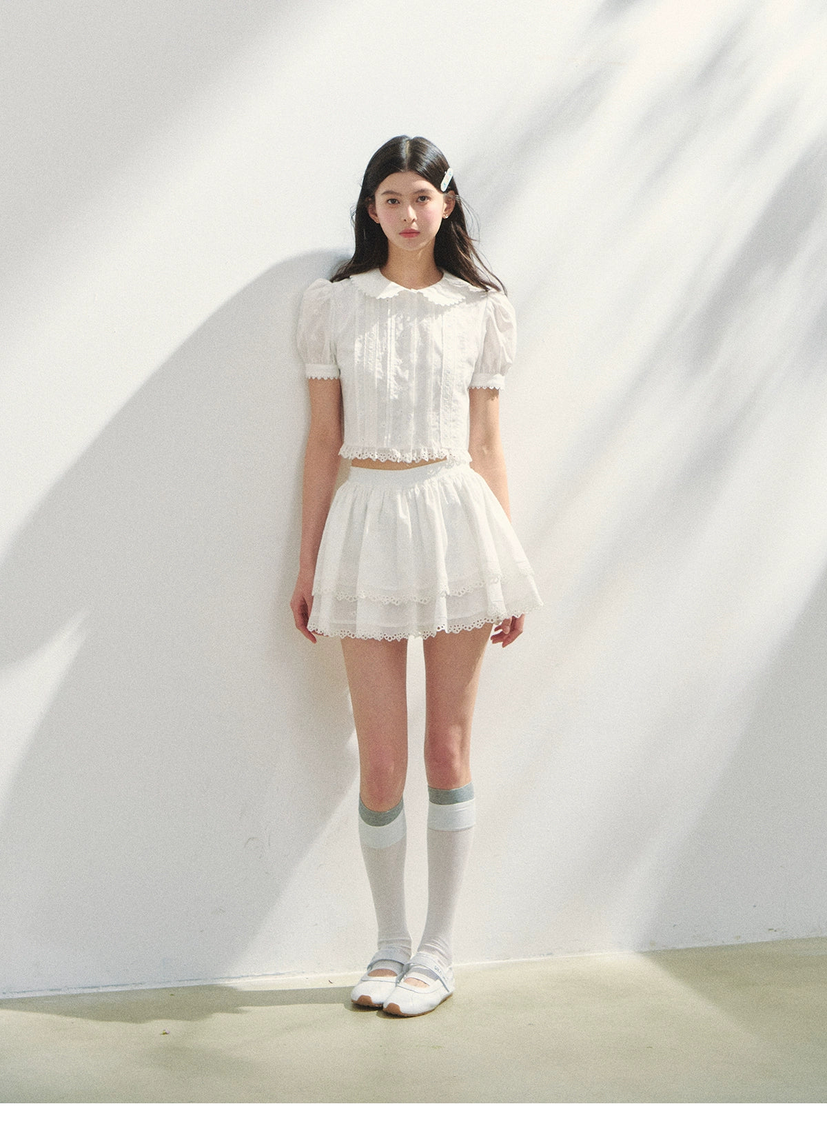 Puff-Sleeve Blouse & Tiered Skirt - Plain Or Plaid