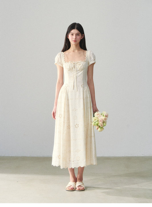 Embroidered Cotton Corset Dress With Square Neck