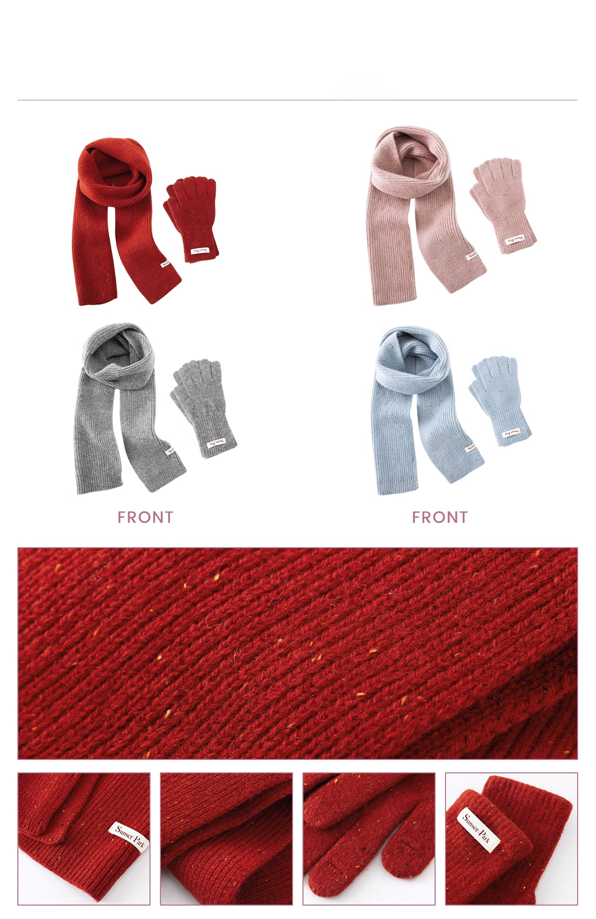 100% Wool Melange Ribbed Knit Scarf And Gloves