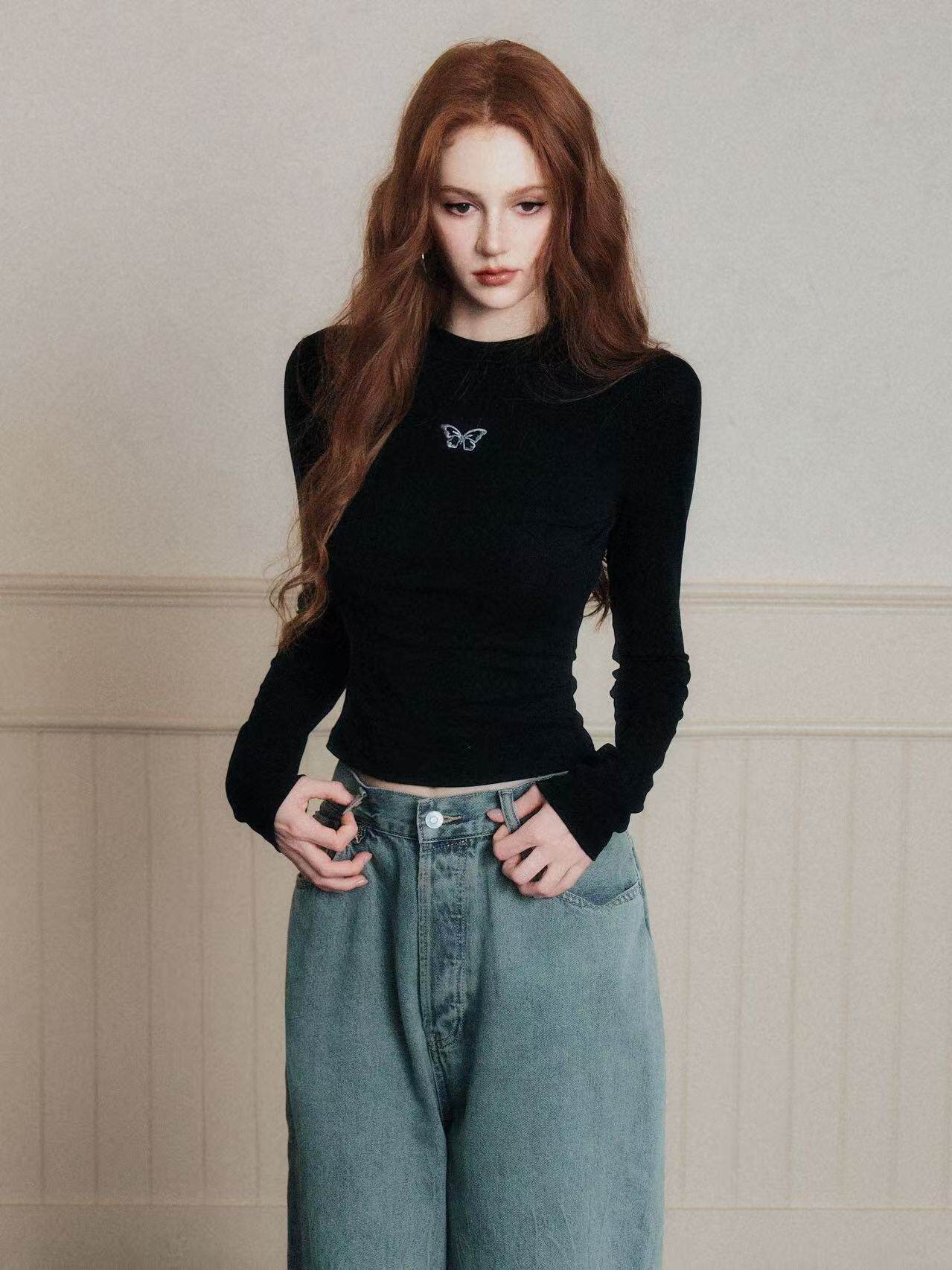 Butterfly Embroidered Mock Neck T-Shirt