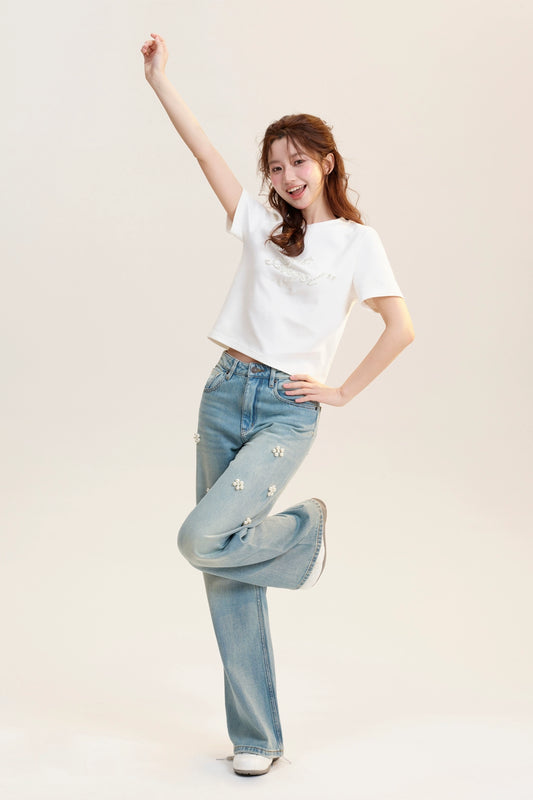 Beaded Flower-Accent Washed Jeans