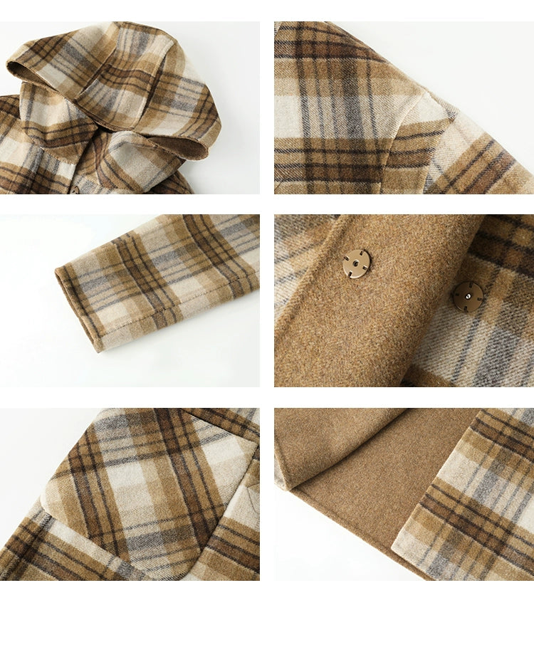 Plaid Wool Blend Reversible Hooded Coat