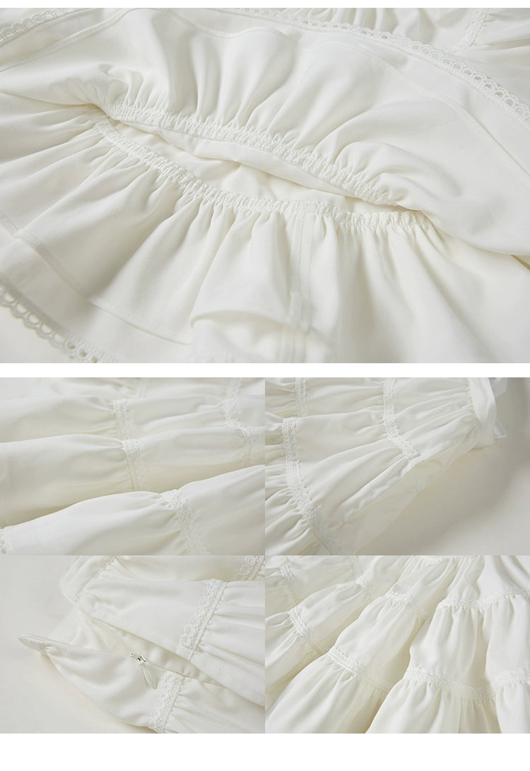 Mid Rise Lace Trim Ruched Tiered Mini Skirt