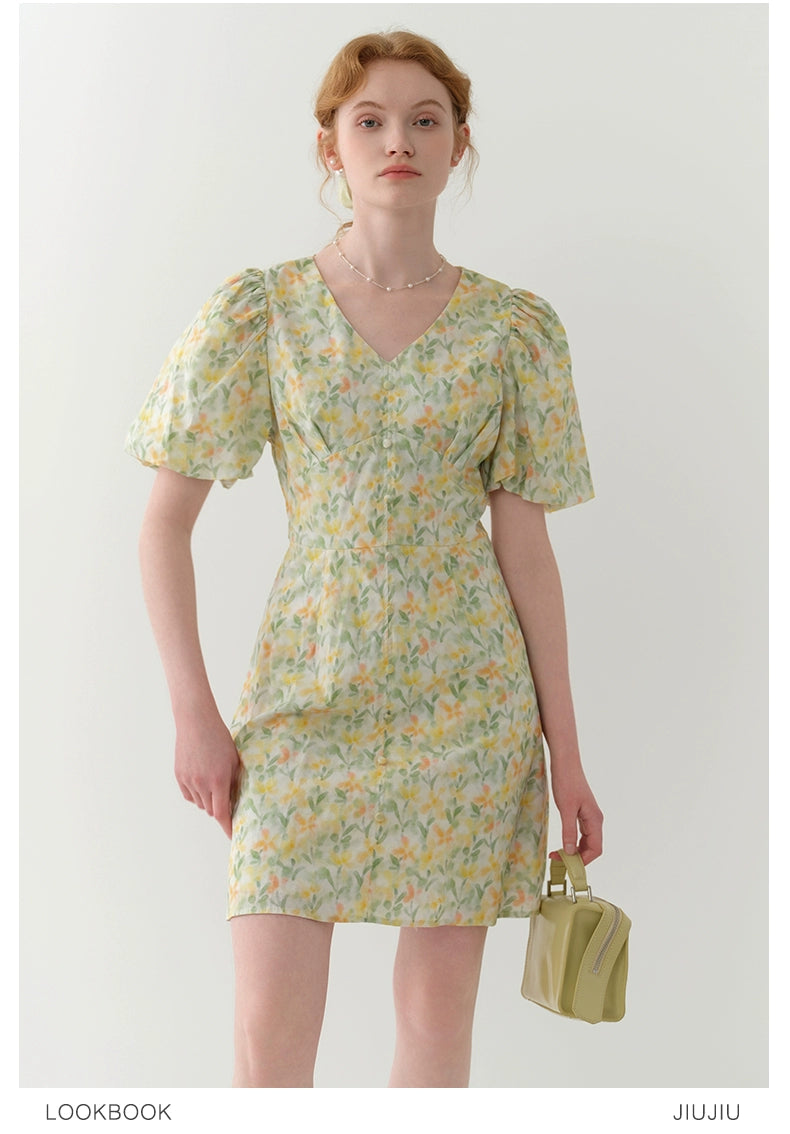 Bubble Sleeve V-Neck Floral Mini Dress