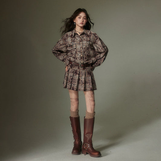 Maillard Style Contrast Plaid Shirt & Pleated Skirt
