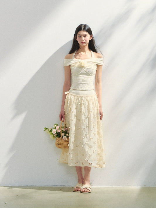 Off-Shoulder Fitted Top With Flower Accent