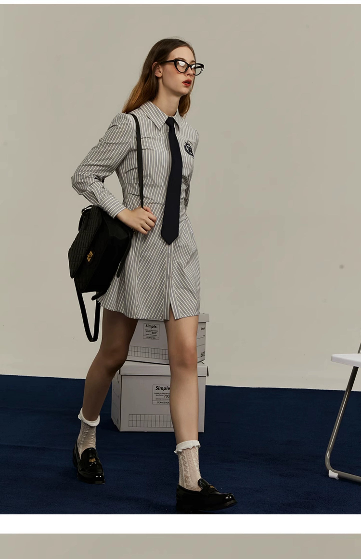 College Style Striped Embroidered High Waist Dress Shirt