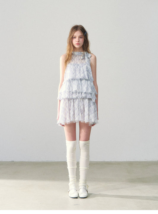 Sleeveless Plaid Chiffon Dress With Tiered Layers