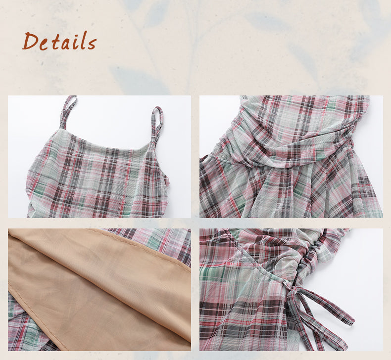 Plaid Mesh Camisole Dress With Adjustable Straps