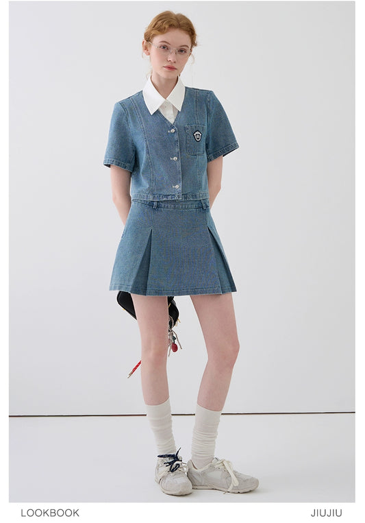 Layered-Look Washed Denim Shirt And Mini Skirt Set