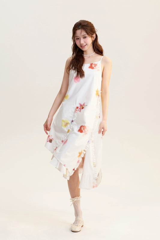 Blurred Floral Strap Dress With Beaded Bow