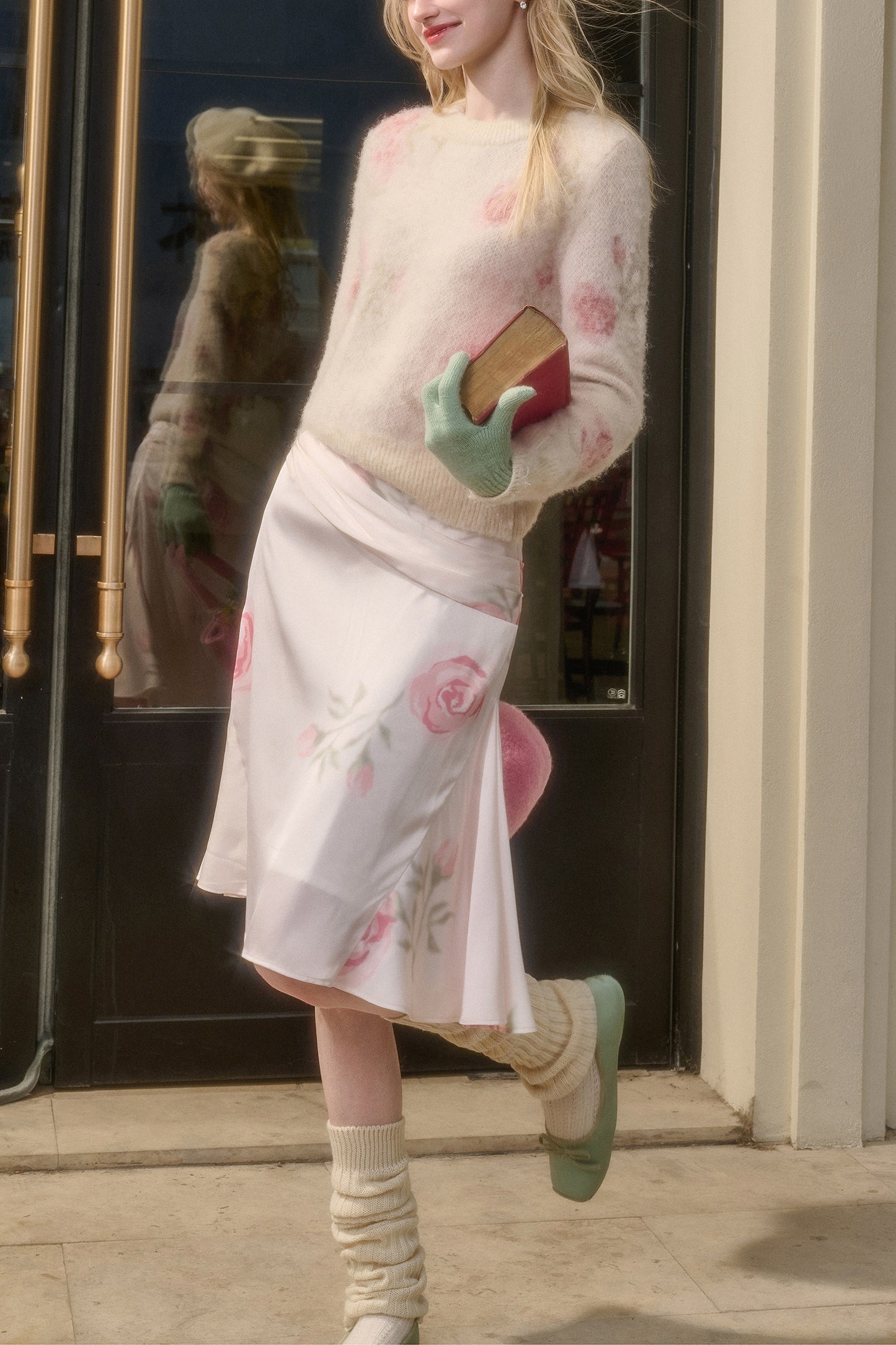 Floral Cozy Sweater & Draped A-Line Skirt