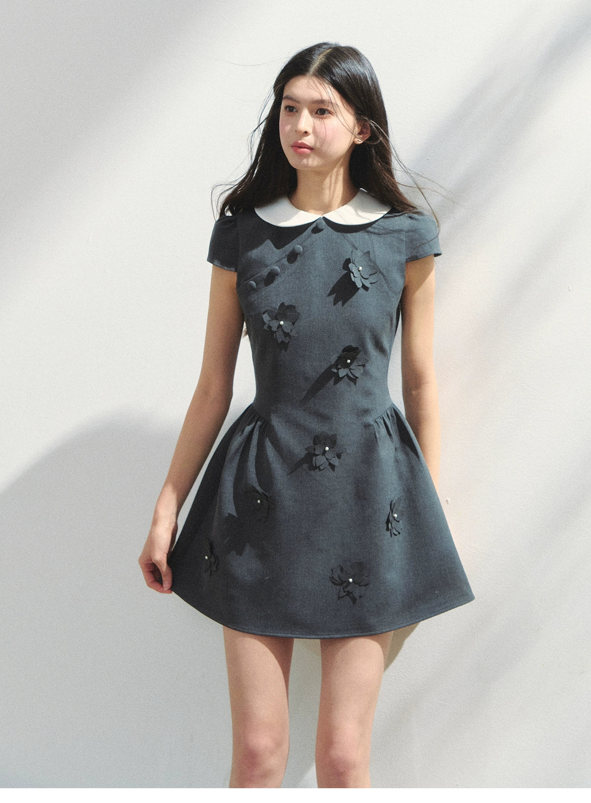 Round-Collar Mini Dress With Floral Embellishments