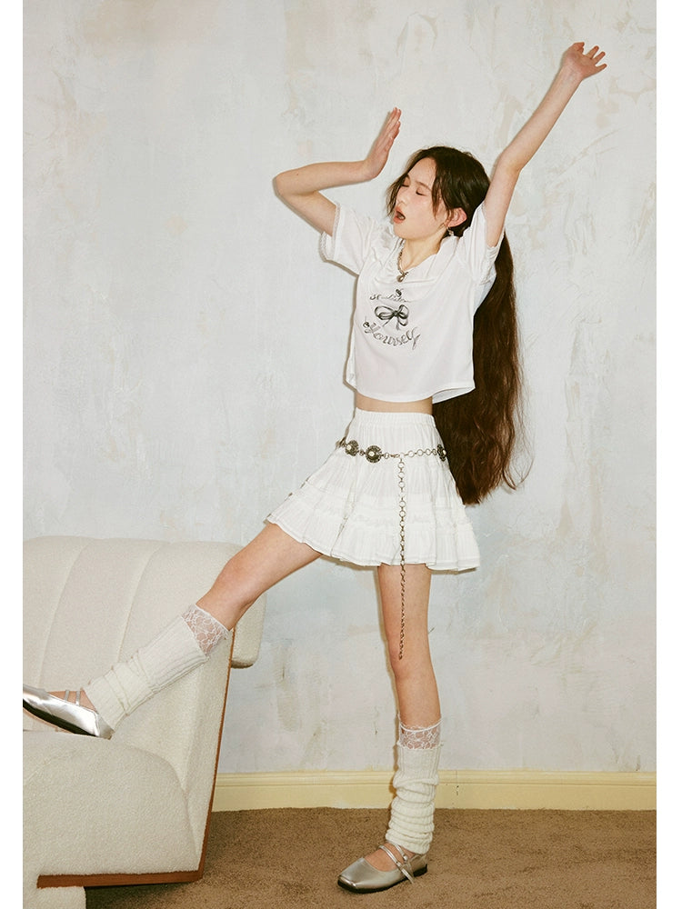 Sporty Bow Cherry Print Short-sleeved V-neck T-shirt