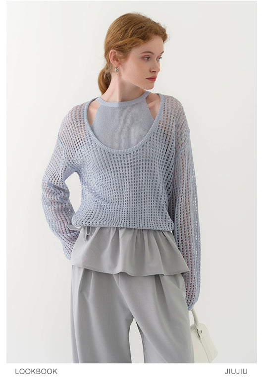 Mesh Knit Long Sleeve Top & Inner Set
