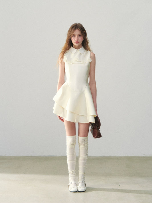 Structured Asymmetric Satin Dress With Peter Pan Collar