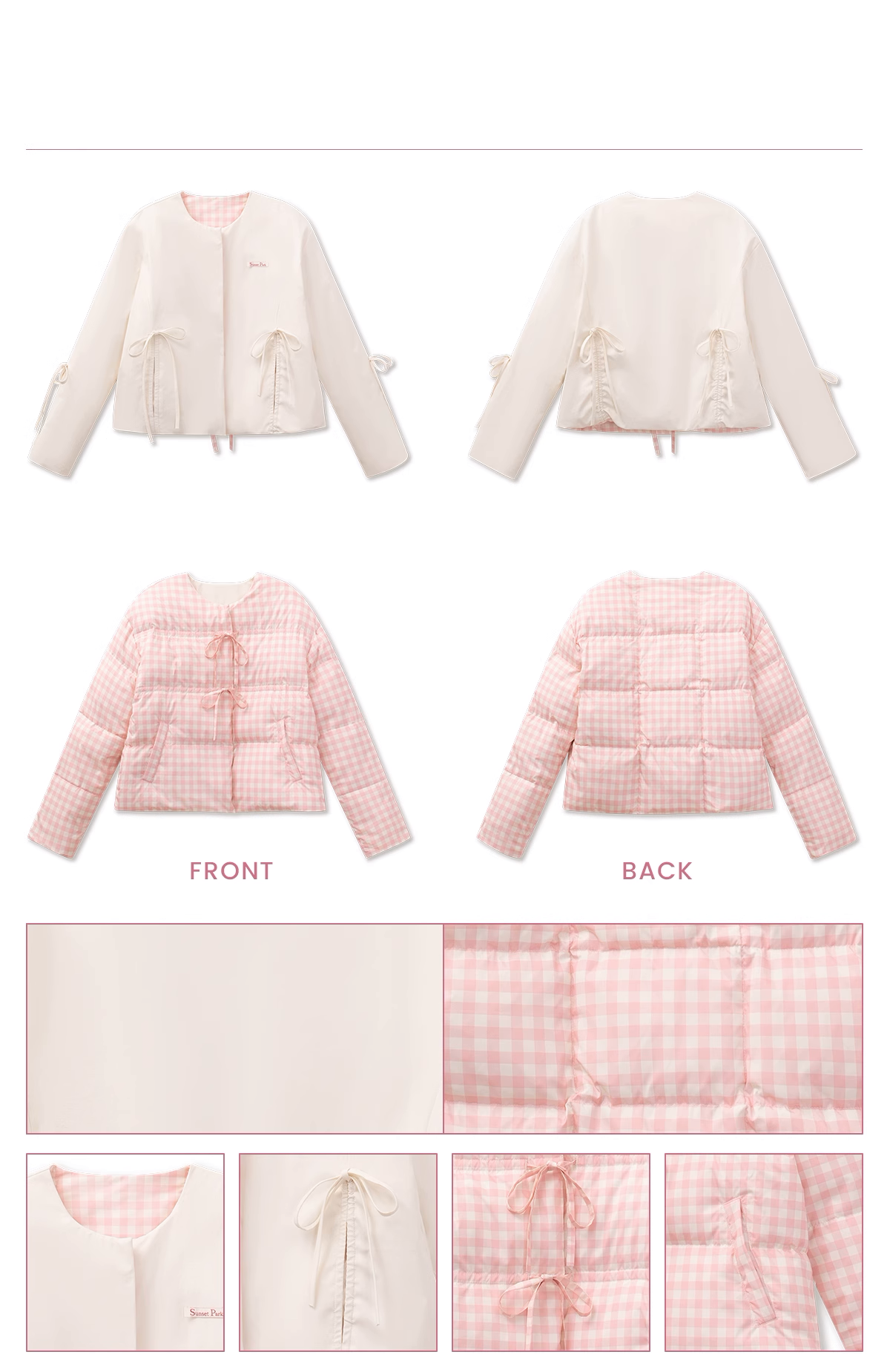 Reversible Gingham Check Tie-Front Puffer Jacket