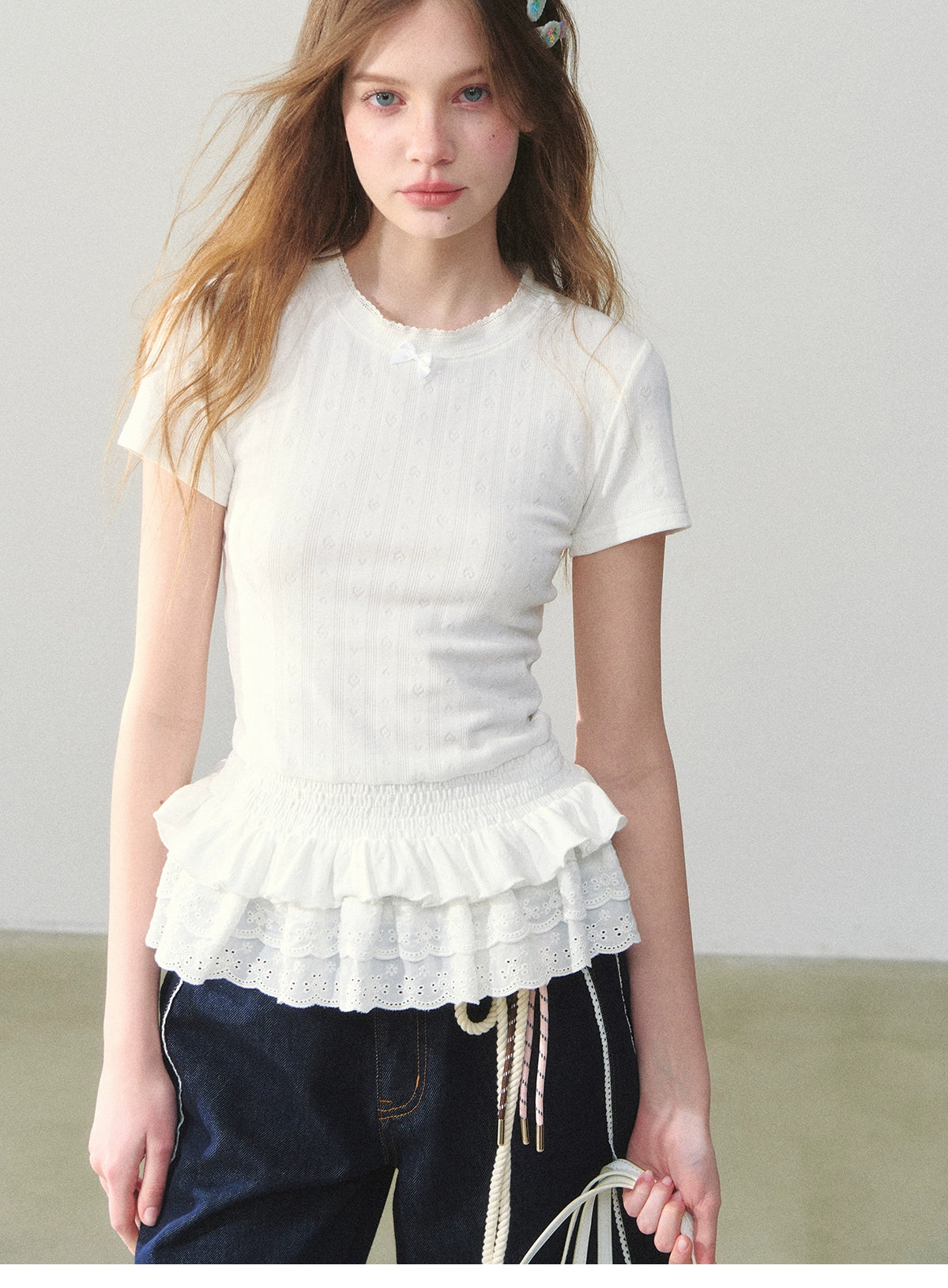Ruffle-Hem Pointelle Tee