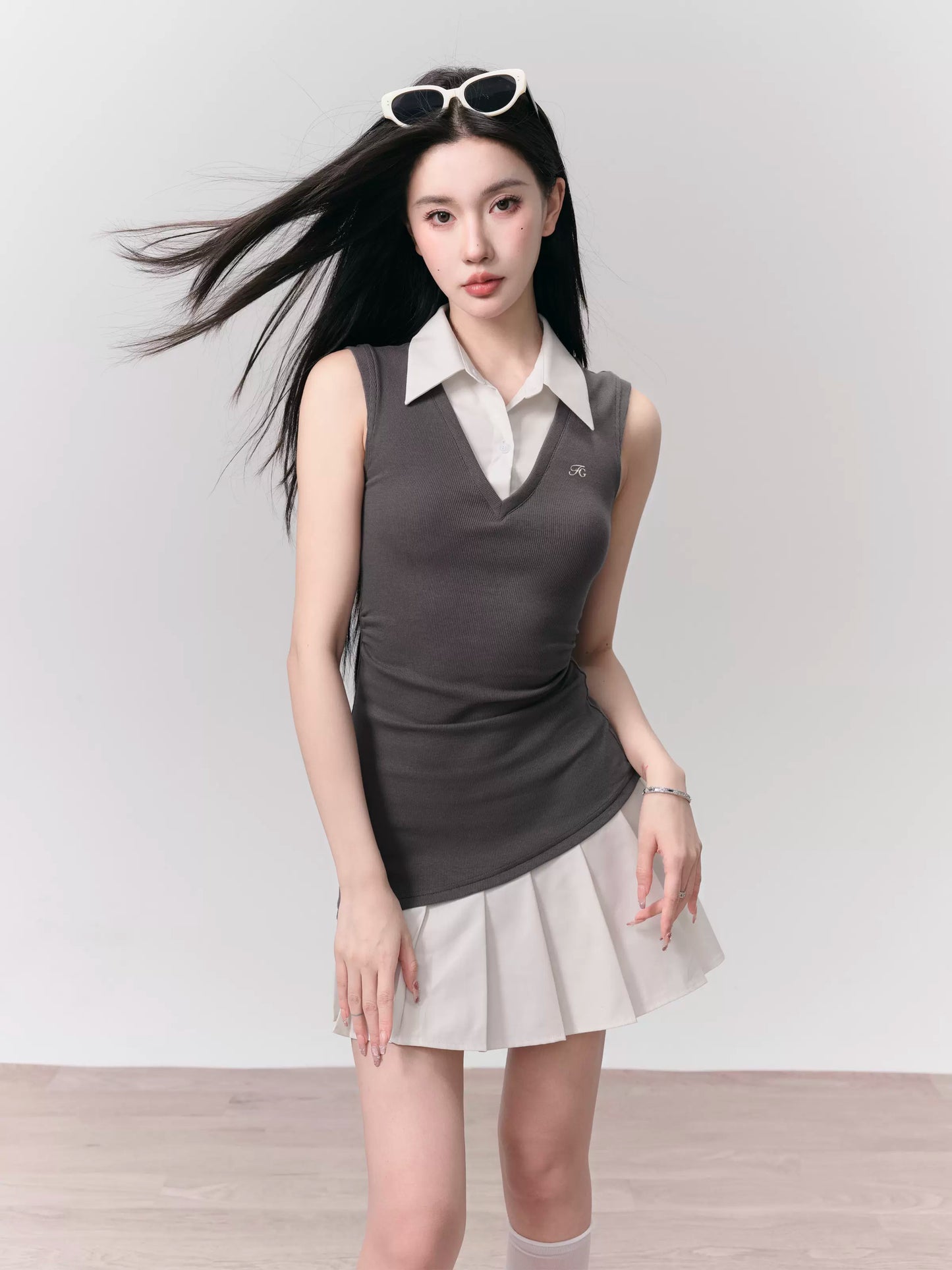 Vest And Shirt Contrast Faux Two-Piece Mini Pleated Dress