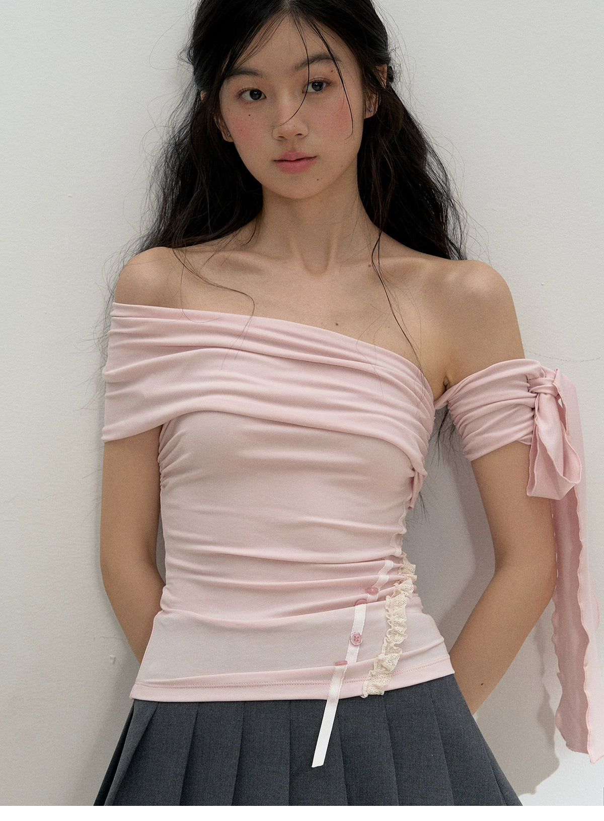 Ruched Off-Shoulder Top With Tie Detail