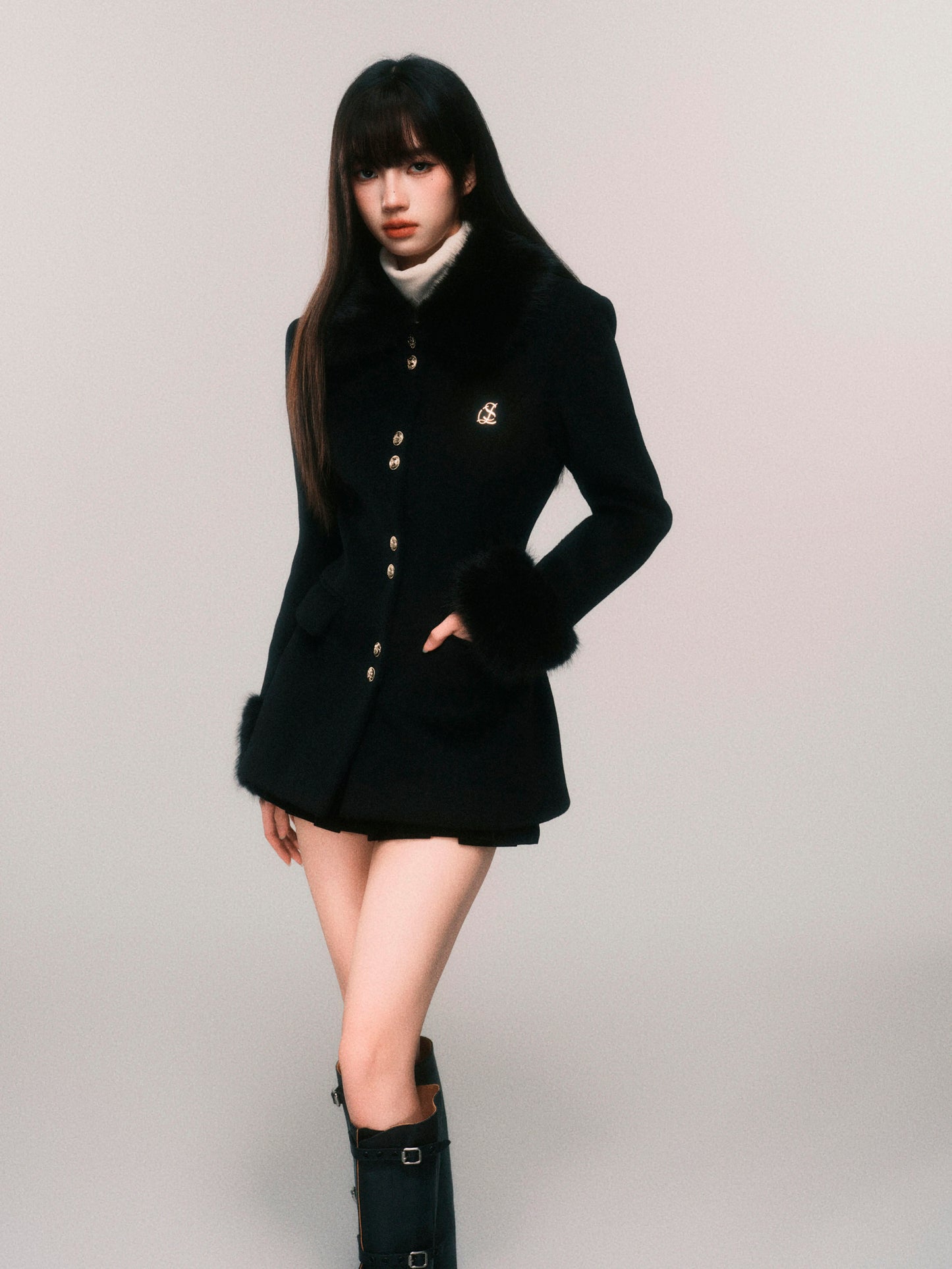 Fur Trim Wool Blend Fitted Short Jacket