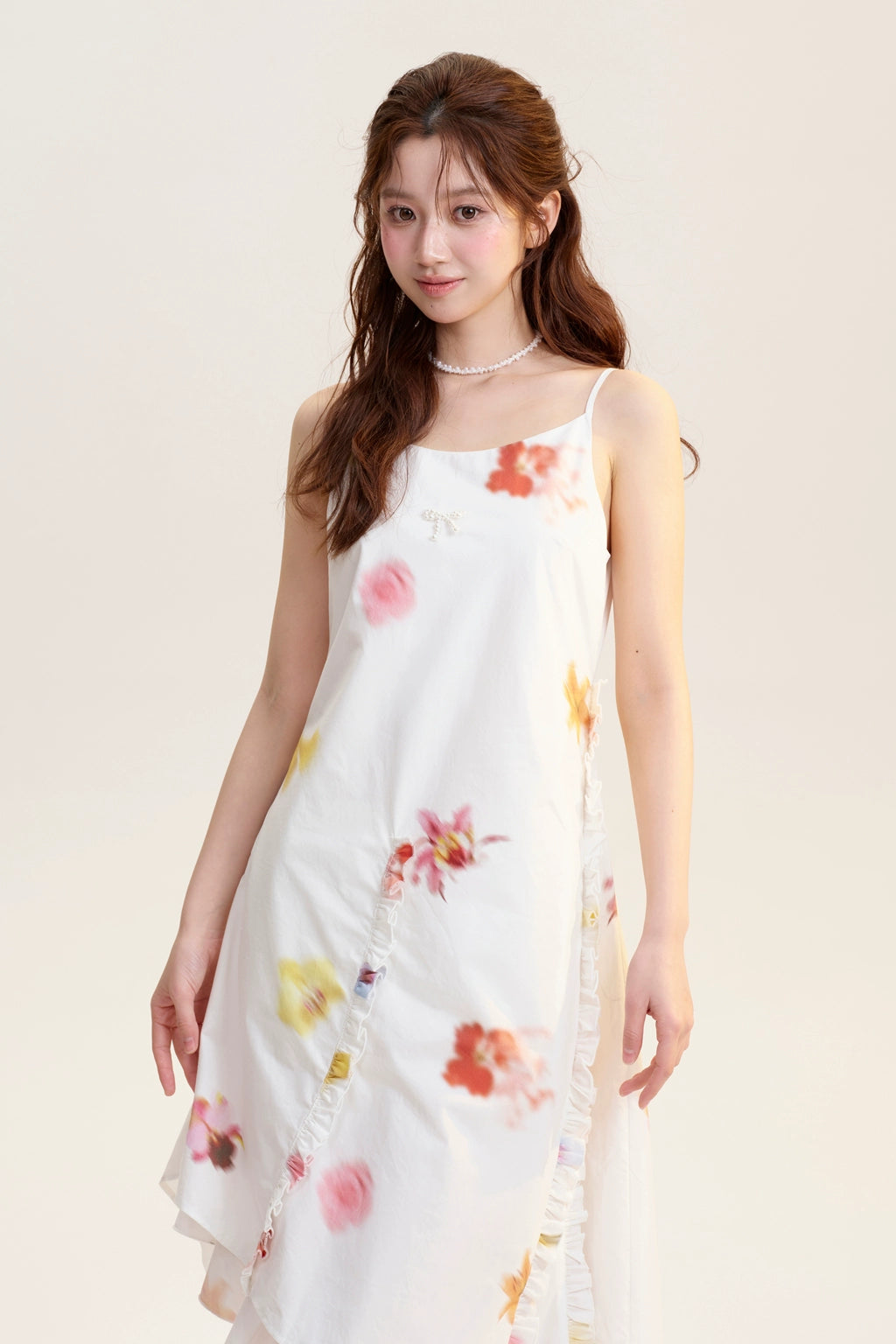 Blurred Floral Strap Dress With Beaded Bow