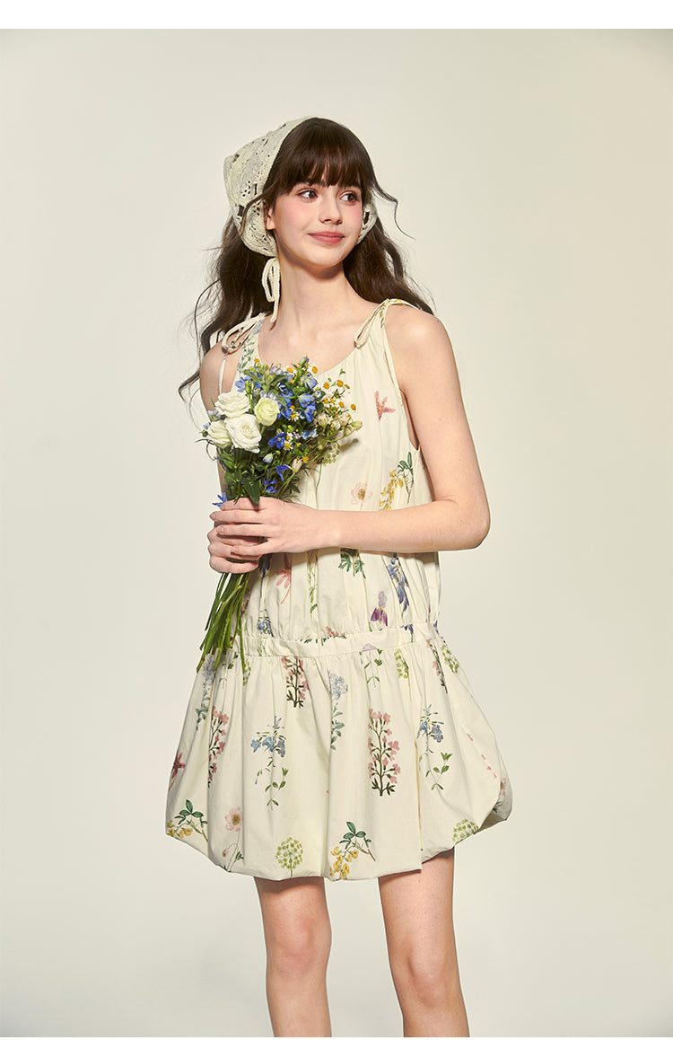 Tie-Strapped Floral Holiday Dress With Balloon Hem