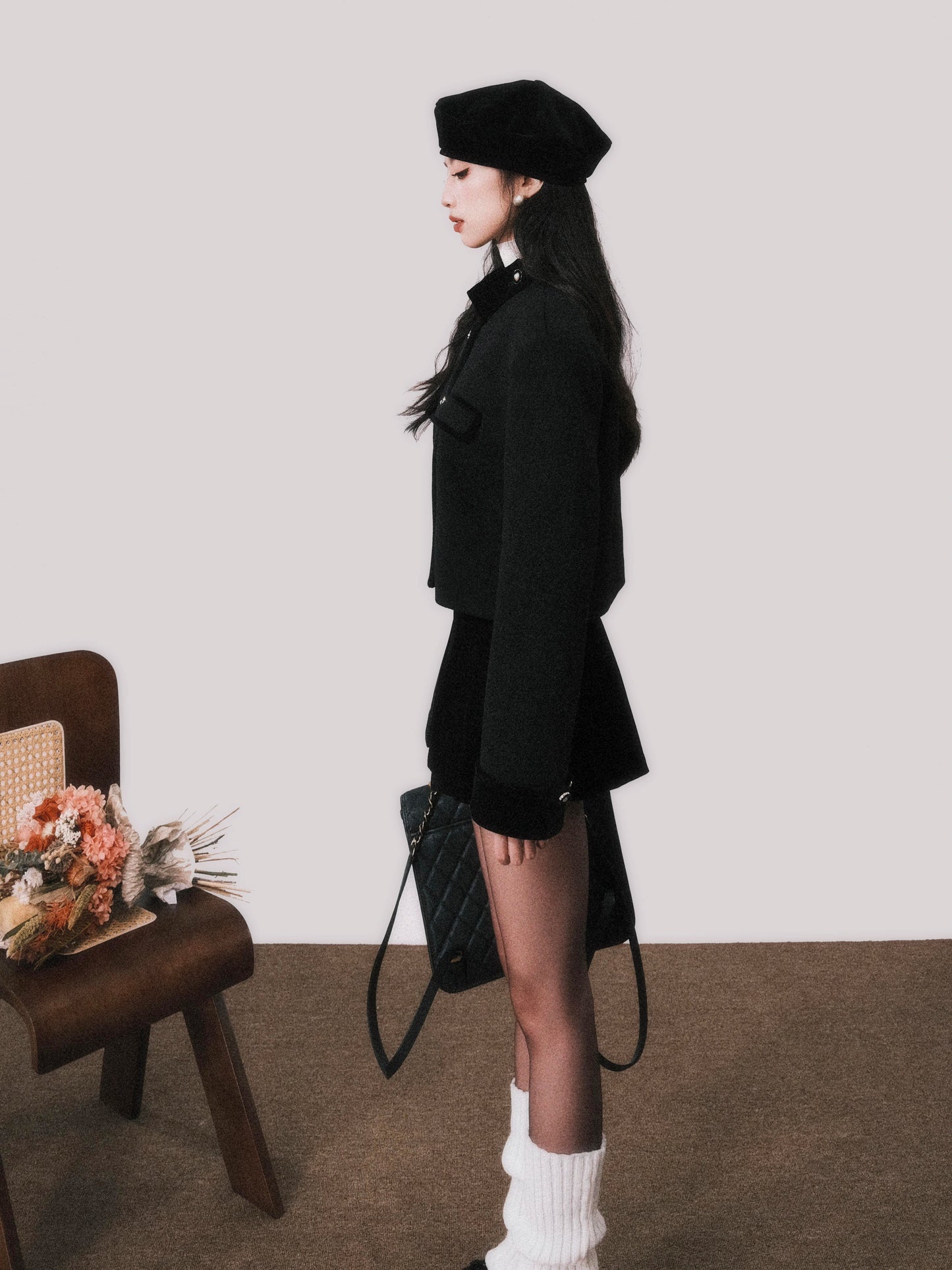 Pearl Beaded Wool Blend Stand Collar Jacket