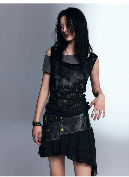 Asymmetric Ruffled Skirt With Faux Leather Detail