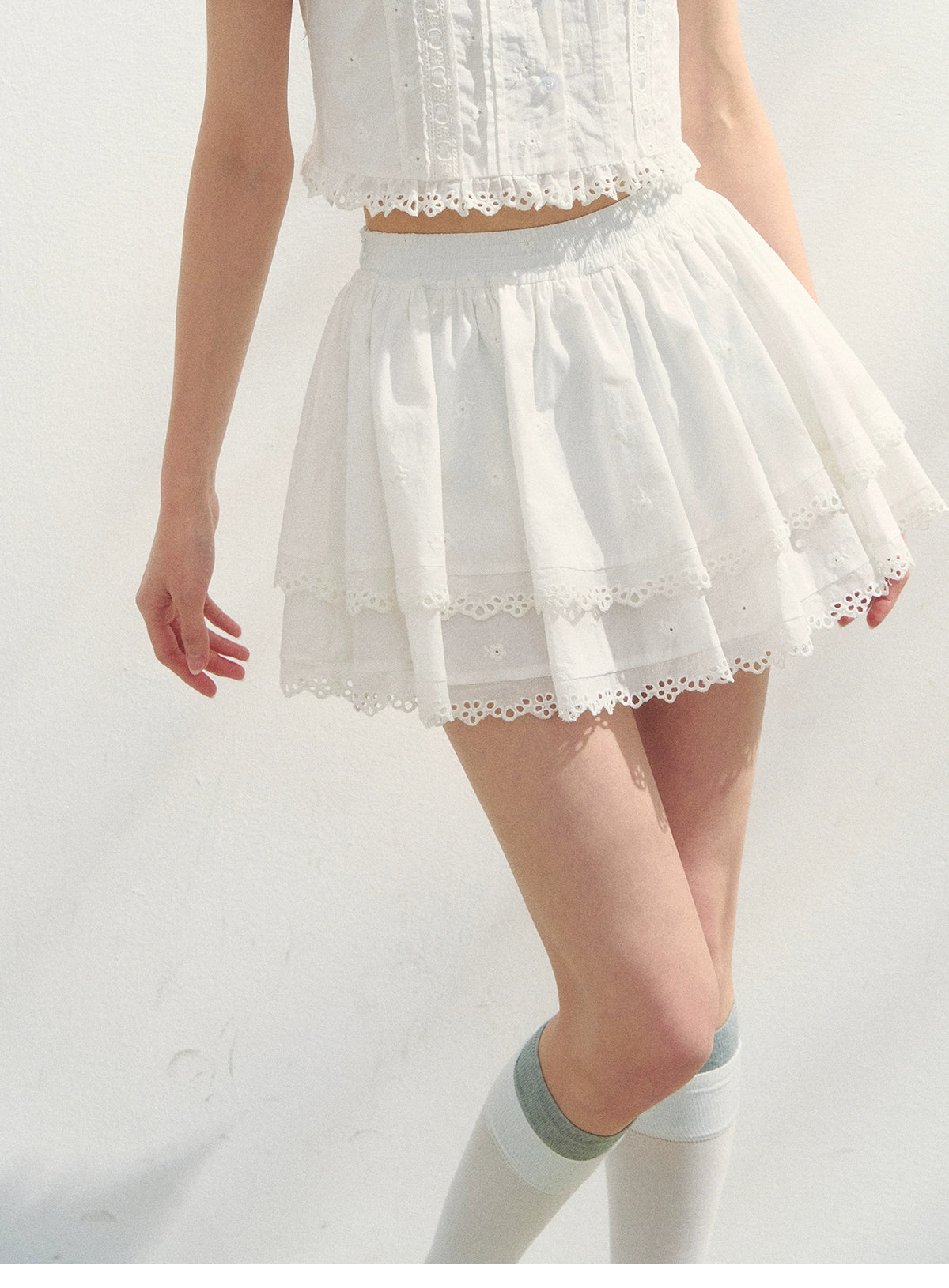 Puff-Sleeve Blouse & Tiered Skirt - Plain Or Plaid