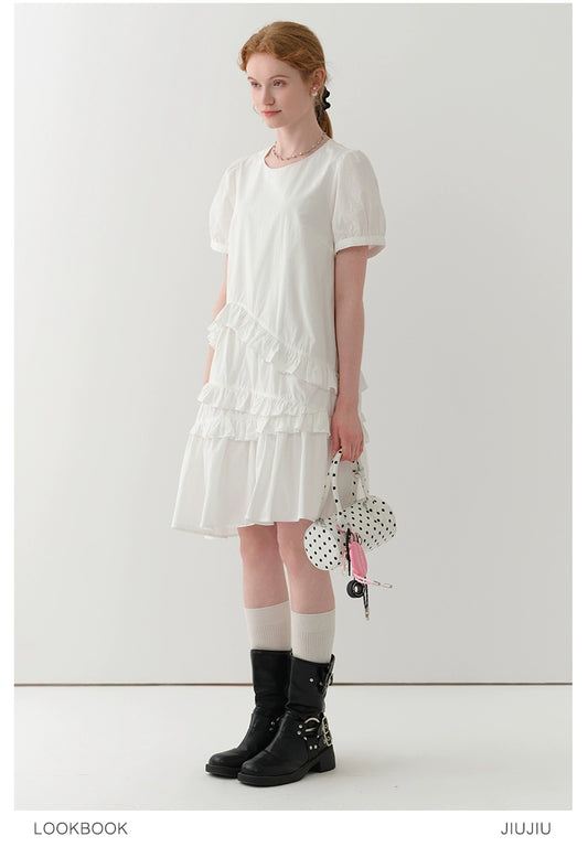 Puff-Sleeve Asymmetrical Ruffled Dress