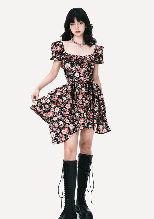 Puff Sleeve Asymmetrical Hem Corset Rose Dress