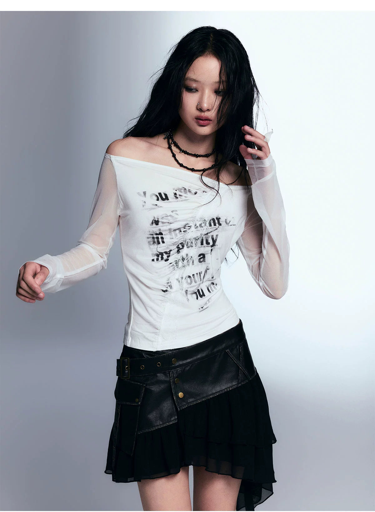 Asymmetric Ruffled Skirt With Faux Leather Detail