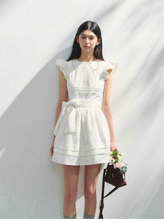 Butterfly-Sleeve Pleated Dress With Bow Waist