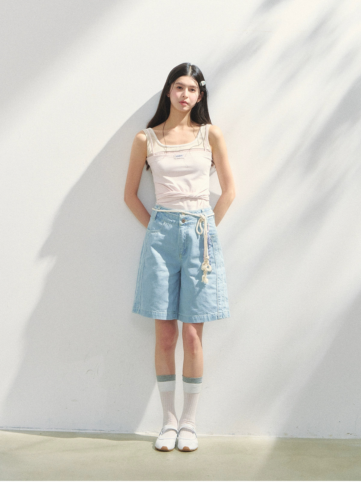 Double-Waist Bermuda Pants With Lace Trim