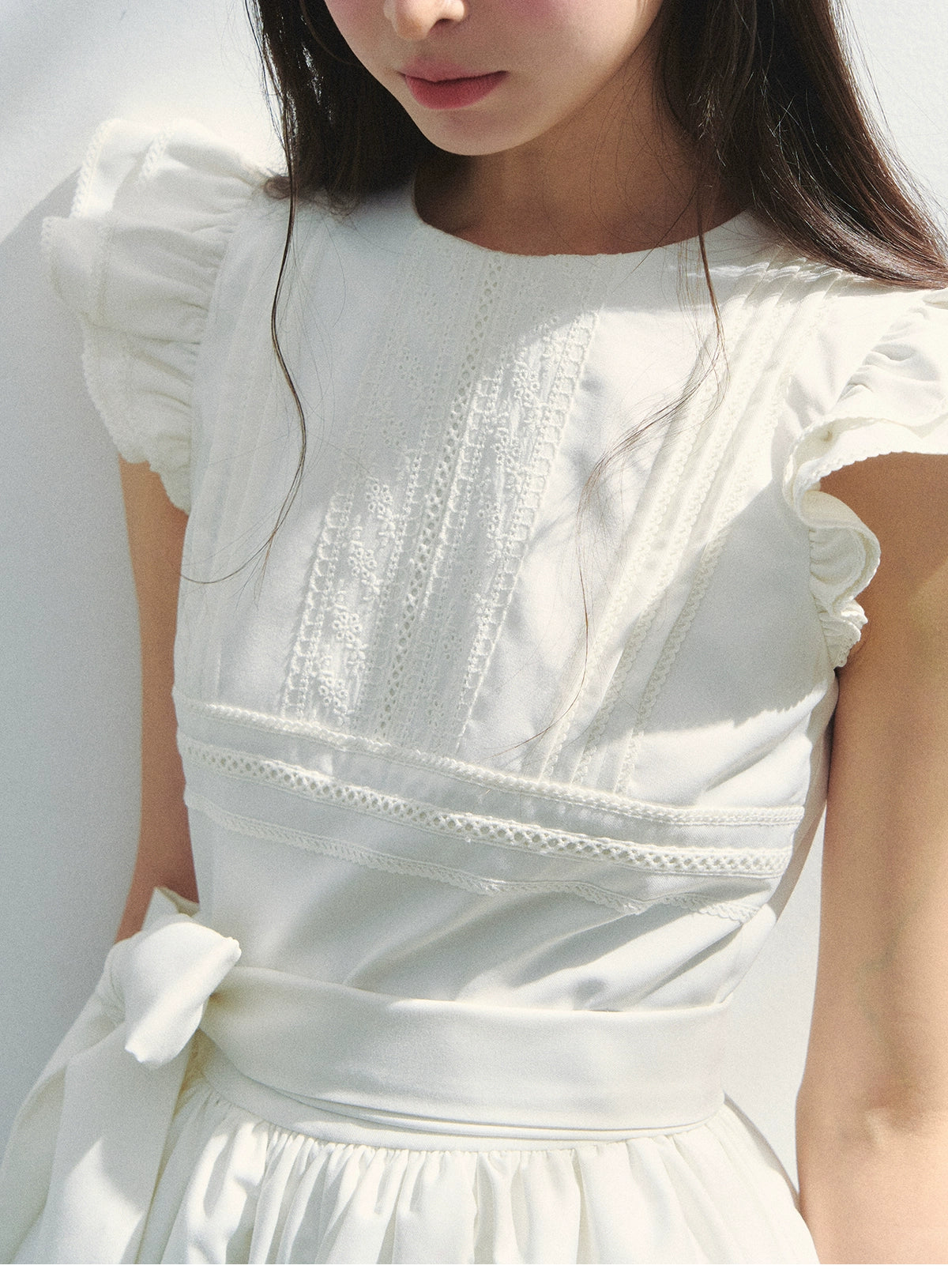 Butterfly-Sleeve Pleated Dress With Bow Waist