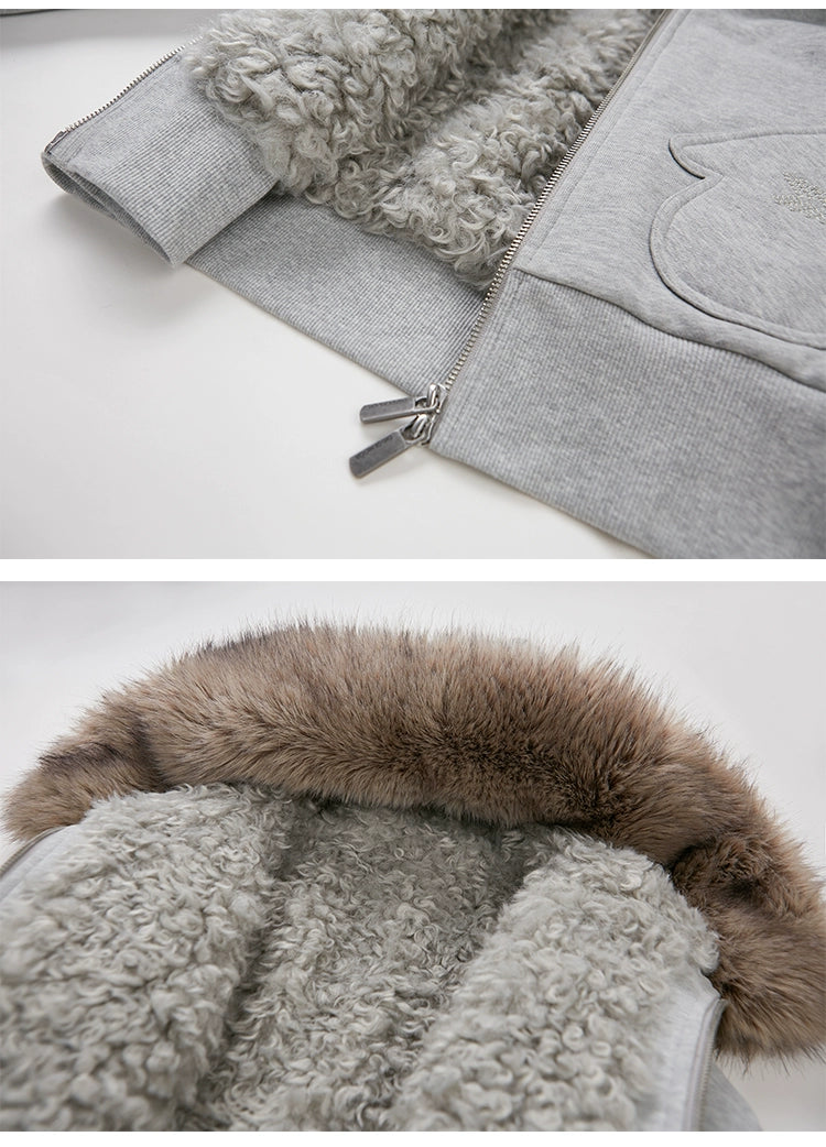 Mitten Pocket Hoodie With Removable Fur / Flared Pants