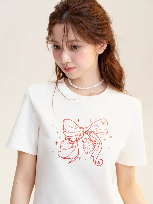 Beaded Bow-Printed T-Shirt