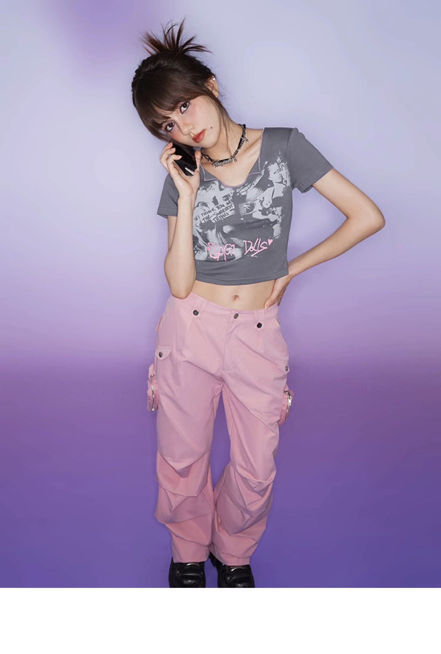 Piping Neck Cropped Print Fitted Baby Tee